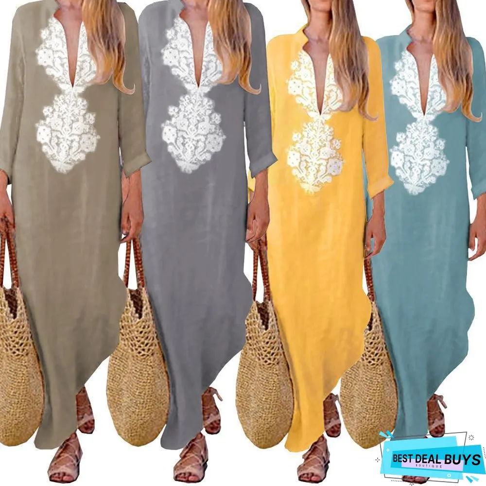 V-Neck Long Sleeves Cotton & Linen Women's Autumn Winter Dress