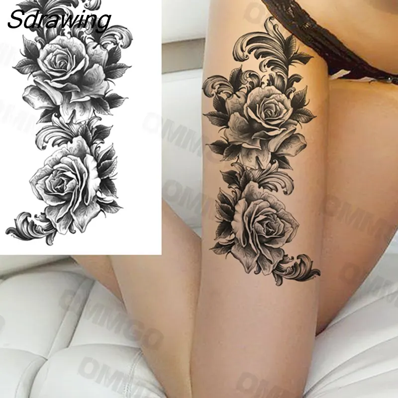 Sdrawing Realistic Rose Flower Skeleton Temporary Tattoos For Women Adult Peony Geometric Fake Tattoo Body Art Half Sleeve Tatoo Paper