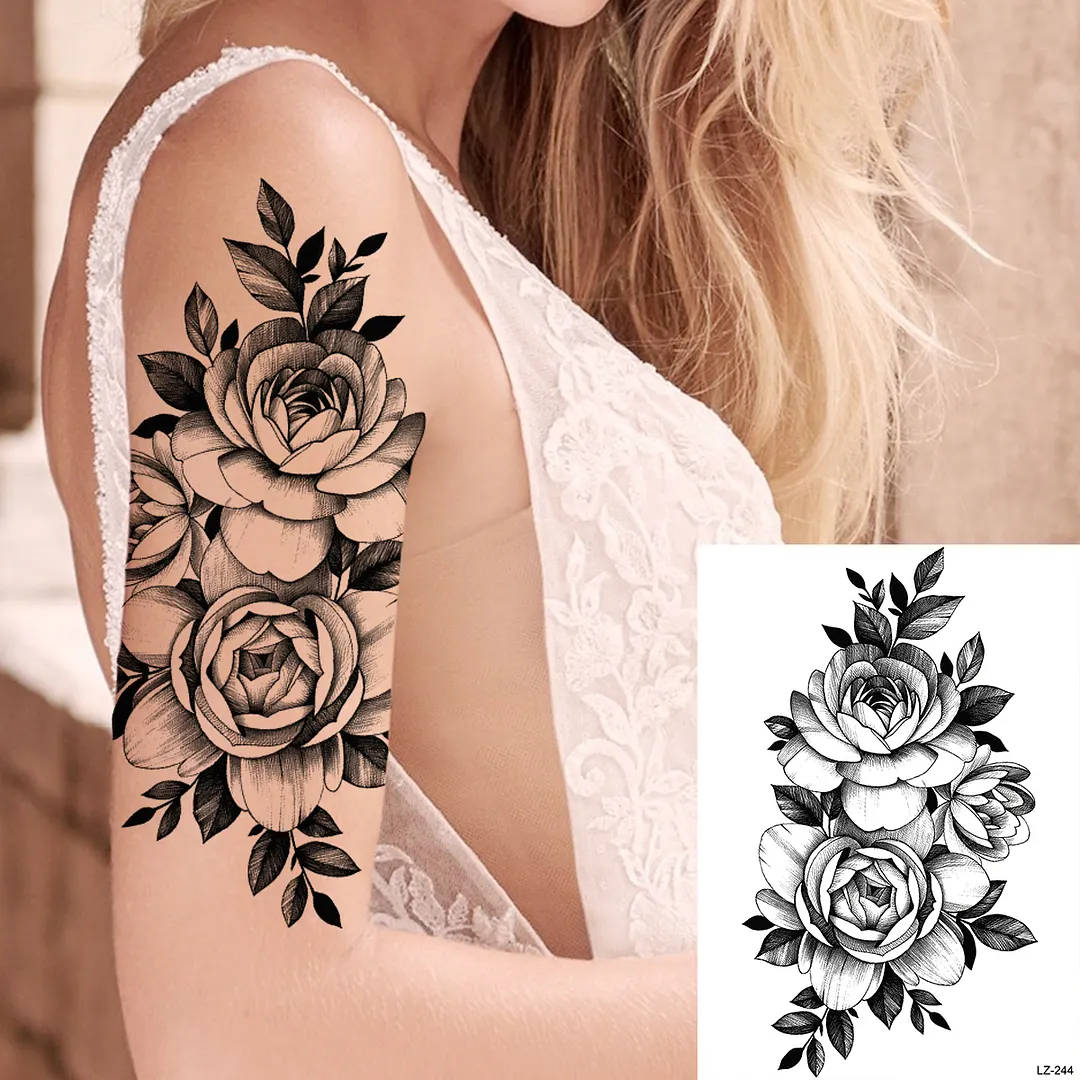 Sdrawing Peony Flower Temporary Tattoos For Women Adults Realistic Compass Moon Pendant Fake Tattoo Sticker Arm Body Tatoos