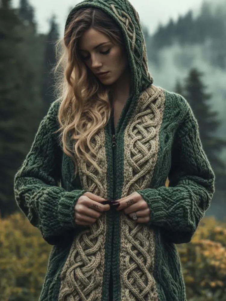 Women's Vintage Green Celtic Knot Knit Hoodie Cardigan