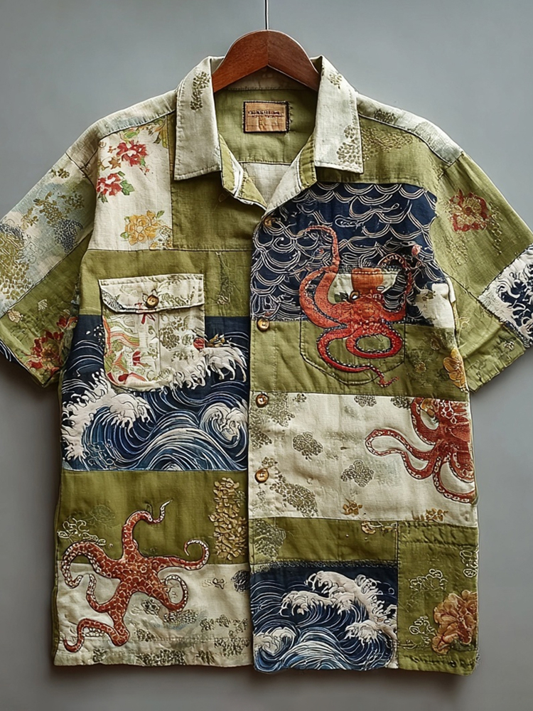 Japanese Wave & Octopus Vintage Patchwork Art Men's Linen Short Sleeve Shirt