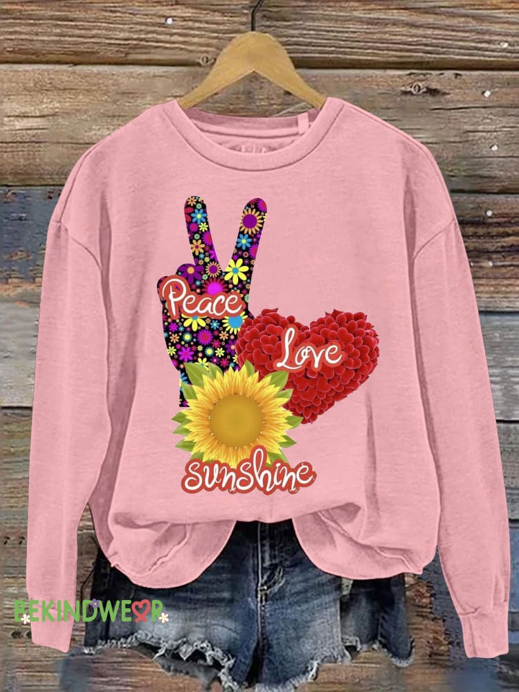 Peace Love Sunshine Printed Casual Sweatshirt Pink / S