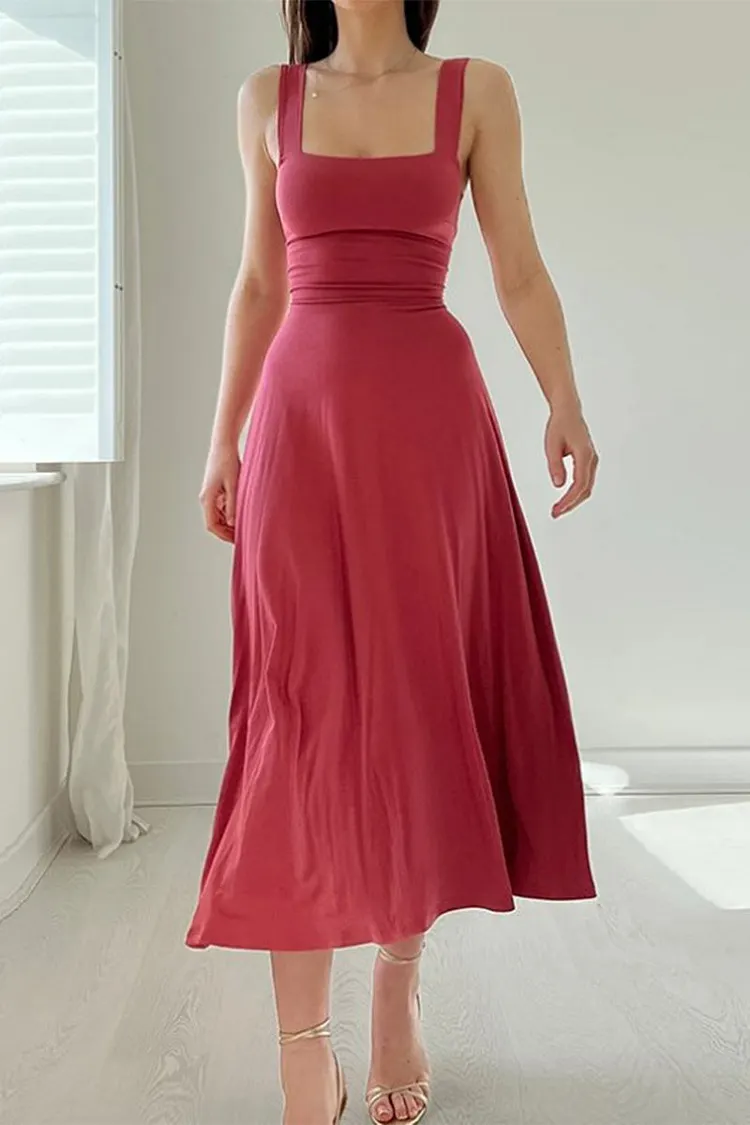 Simplicity Solid Frenulum Square Collar Sling Dress Dresses