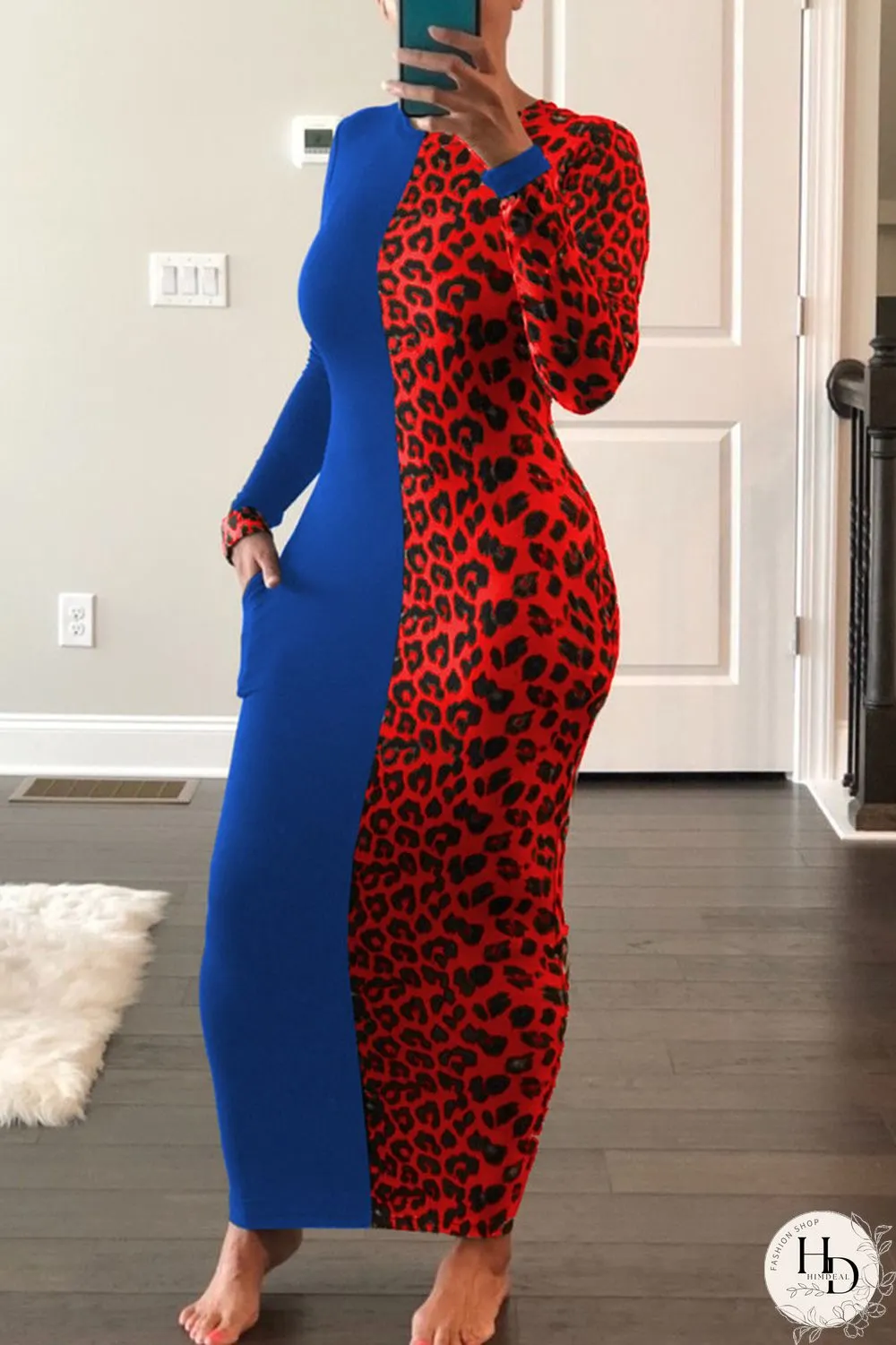 Rose Red Fashion Casual Print Leopard Split Joint O Neck Long Sleeve Dress