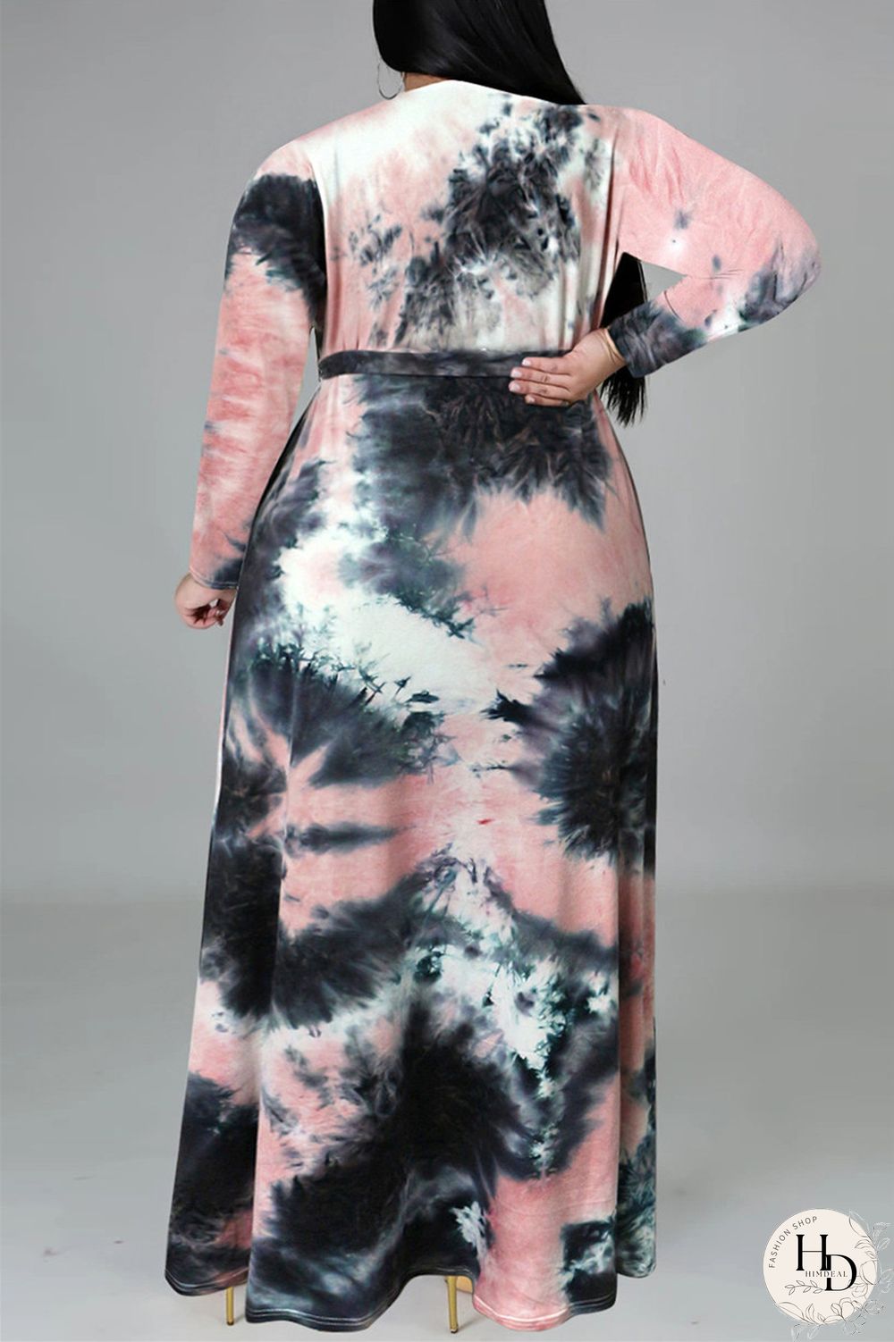 Colour Fashion Casual Print Tie-dye V Neck Long Sleeve Plus Size Dress