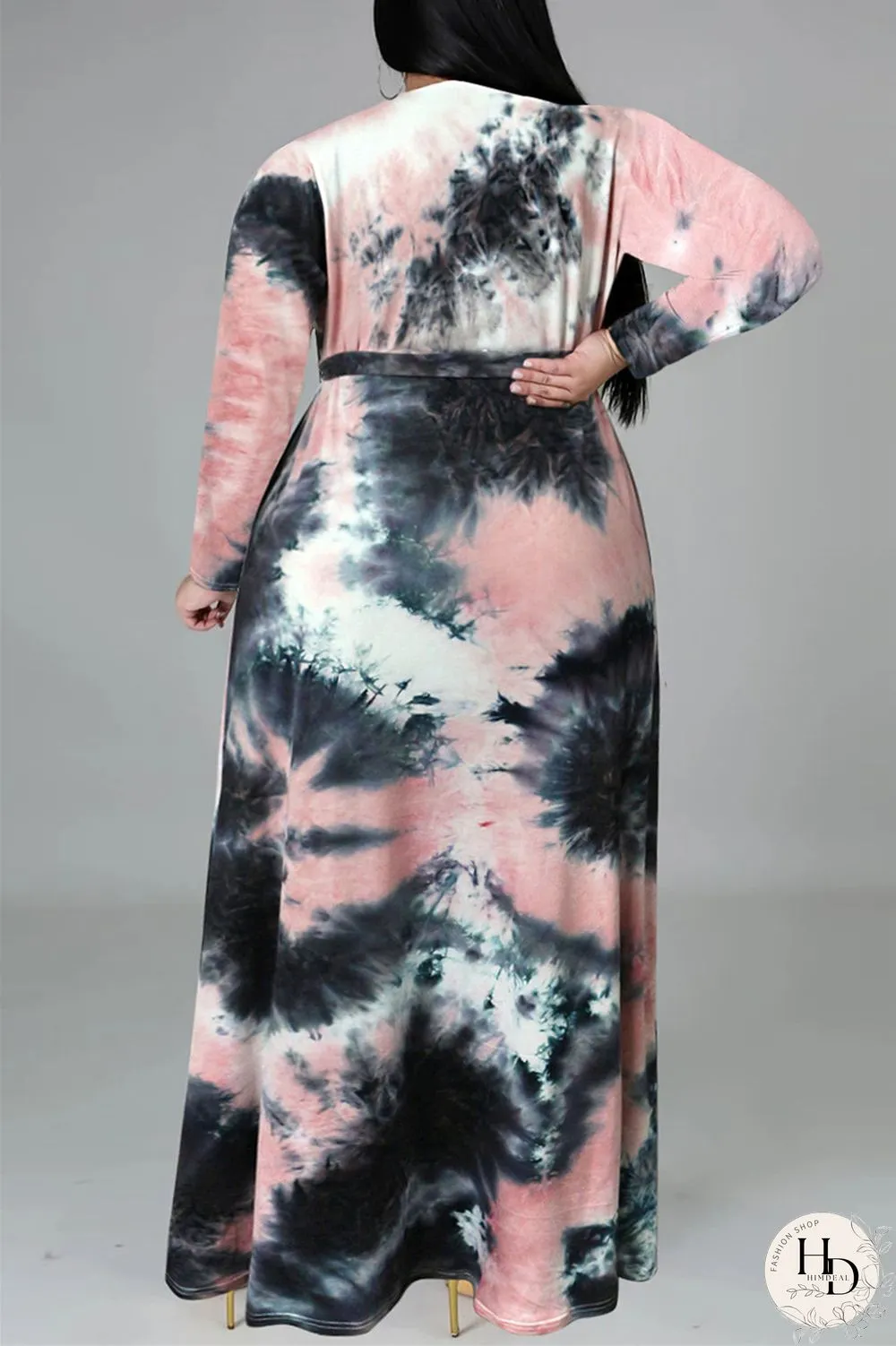 Colour Fashion Casual Print Tie-dye V Neck Long Sleeve Plus Size Dress