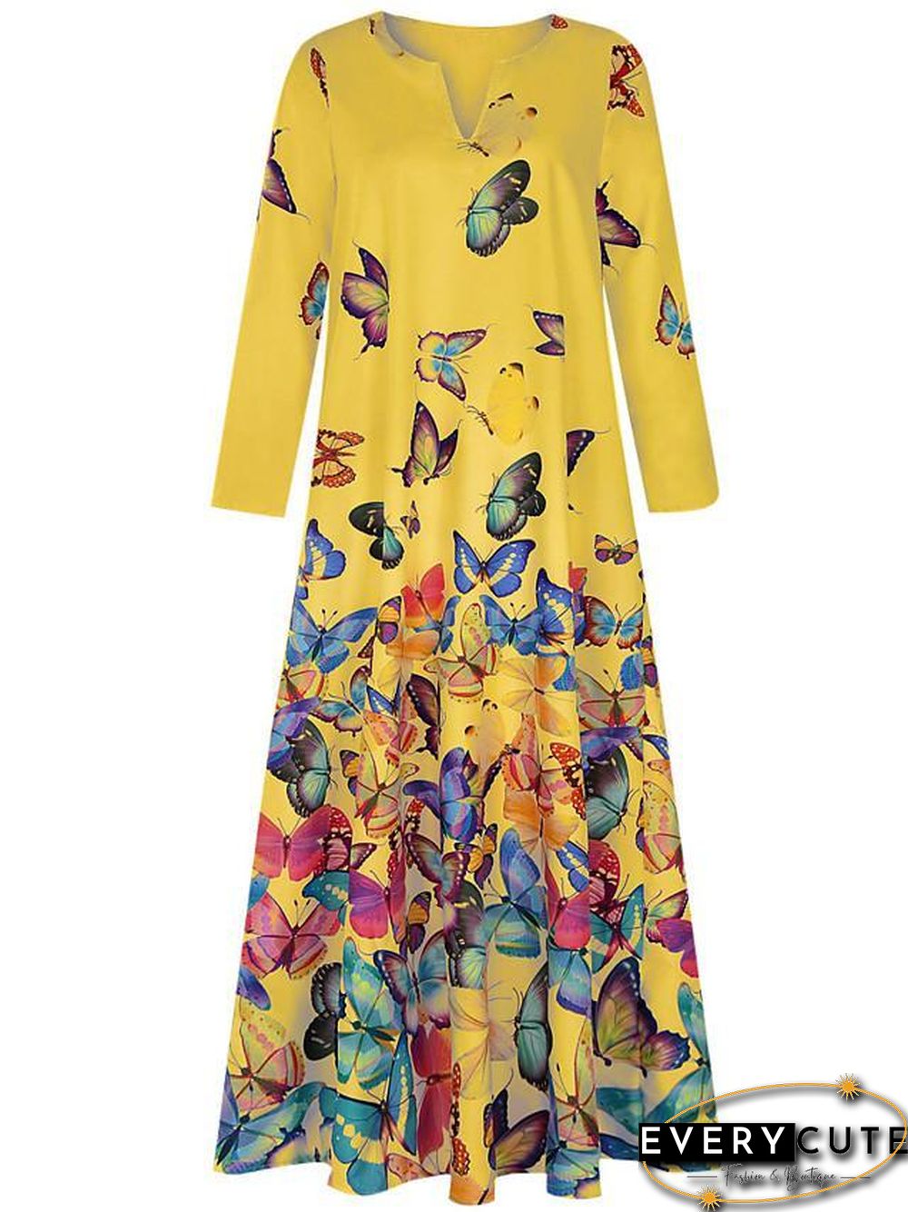 Women's Shift Dress Maxi long Dress - Long Sleeve Butterfly Spring Fall Hot Loose White Yellow Blushing Pink Light Blue S M L XL XXL 3XL 4XL 5XL
