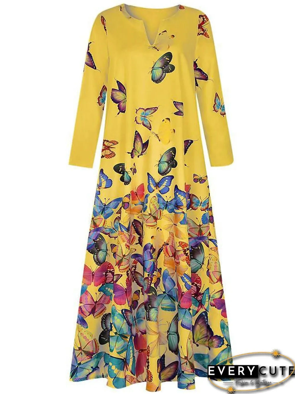 Women's Shift Dress Maxi long Dress - Long Sleeve Butterfly Spring Fall Hot Loose White Yellow Blushing Pink Light Blue S M L XL XXL 3XL 4XL 5XL