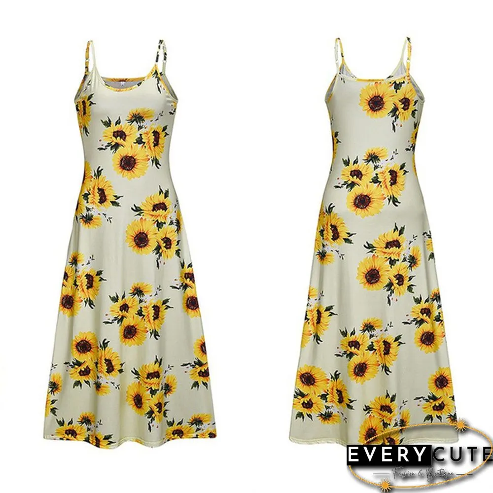Women's Fashion Summer Sleeveless Floral Printing Sling Dress Deep V-Neck Slim Fit Big Swing Skirts Loose Casual Long Maxi Dresses Ladies Plus Size Party Dresses