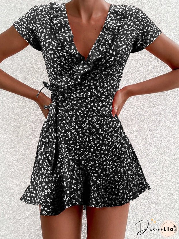Dresses Floral V-Neck Ruffled Lace-Up Dress for Women
