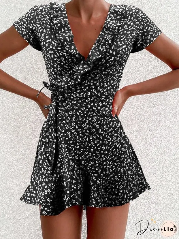 Dresses Floral V-Neck Ruffled Lace-Up Dress for Women
