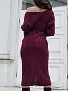 Off-The-Shoulder Long Sleeve Loose Solid Color Belted Knitting Midi Dress