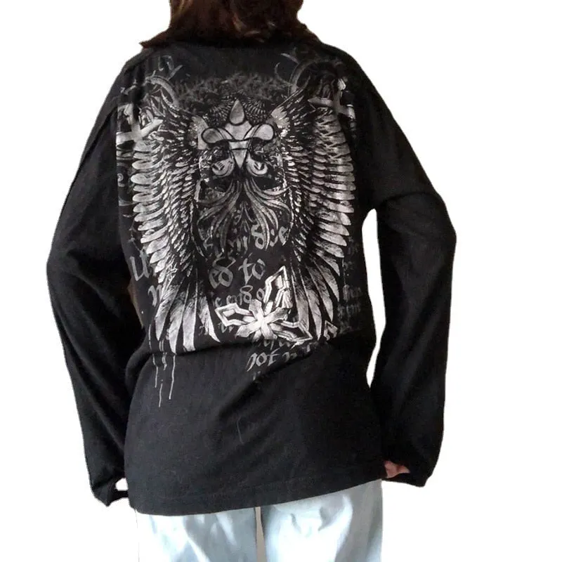 Xingqing Gothic Graphic Print Loose Tshirts Casual Retro Grunge Fairycore Tops Tee Streetwear Dark Academia 90s Clothes
