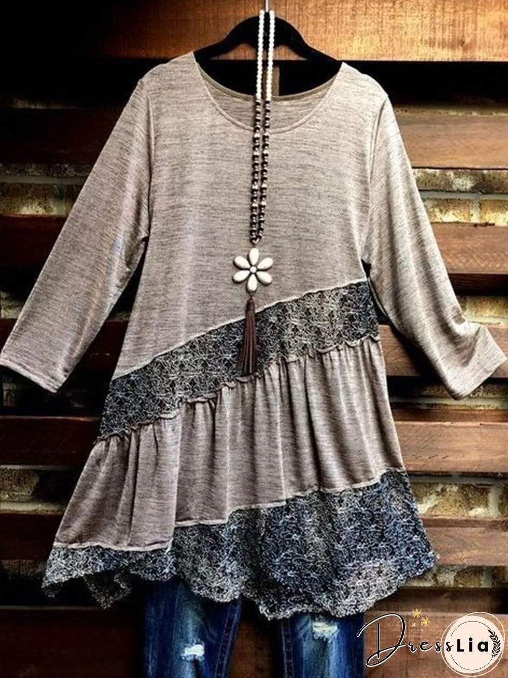 Vintage Lace Plain Crew Neck 3/4 Sleeve Casual Women Tops