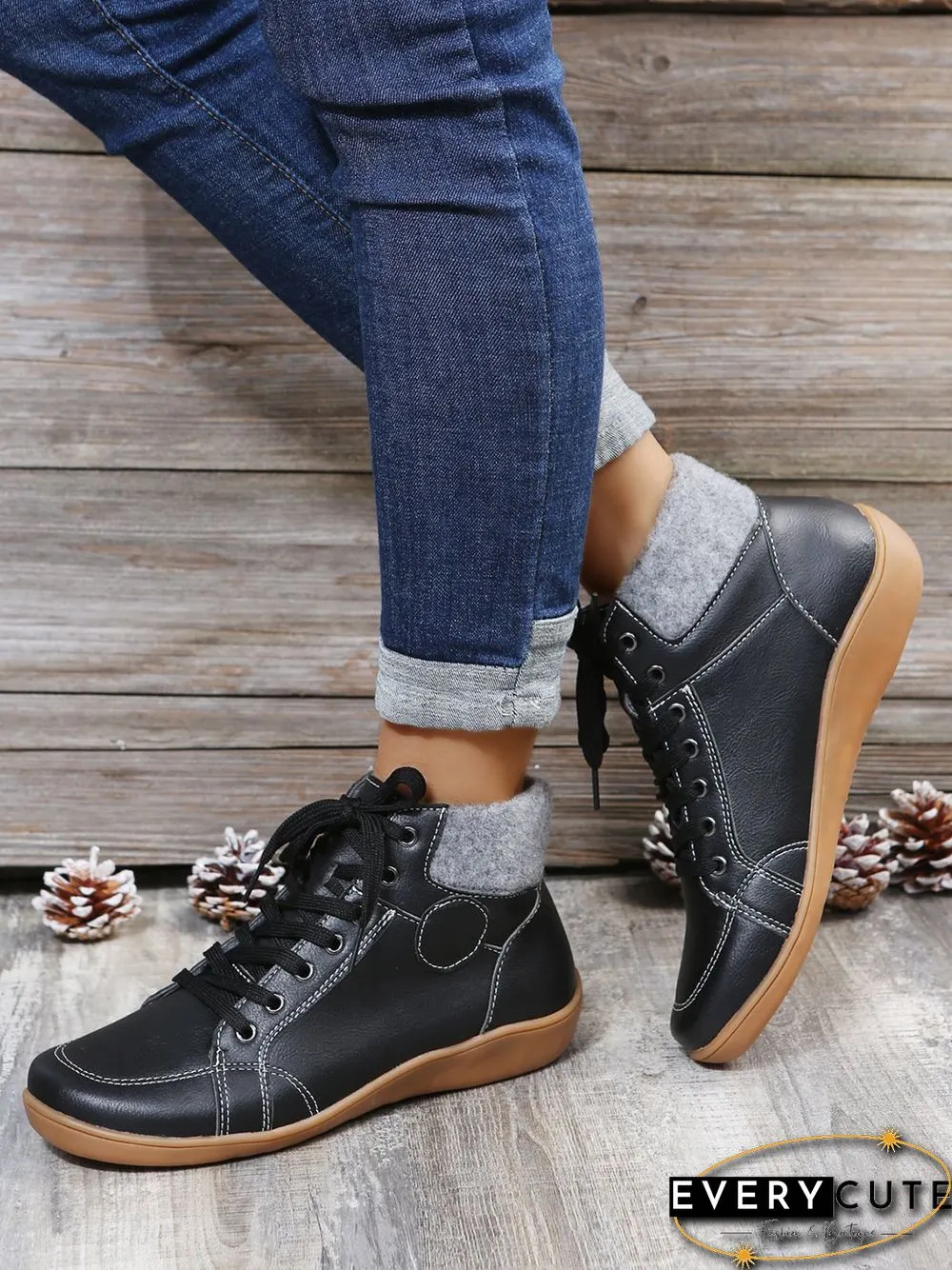 PU Leather Suede Panel Casual Short Boots