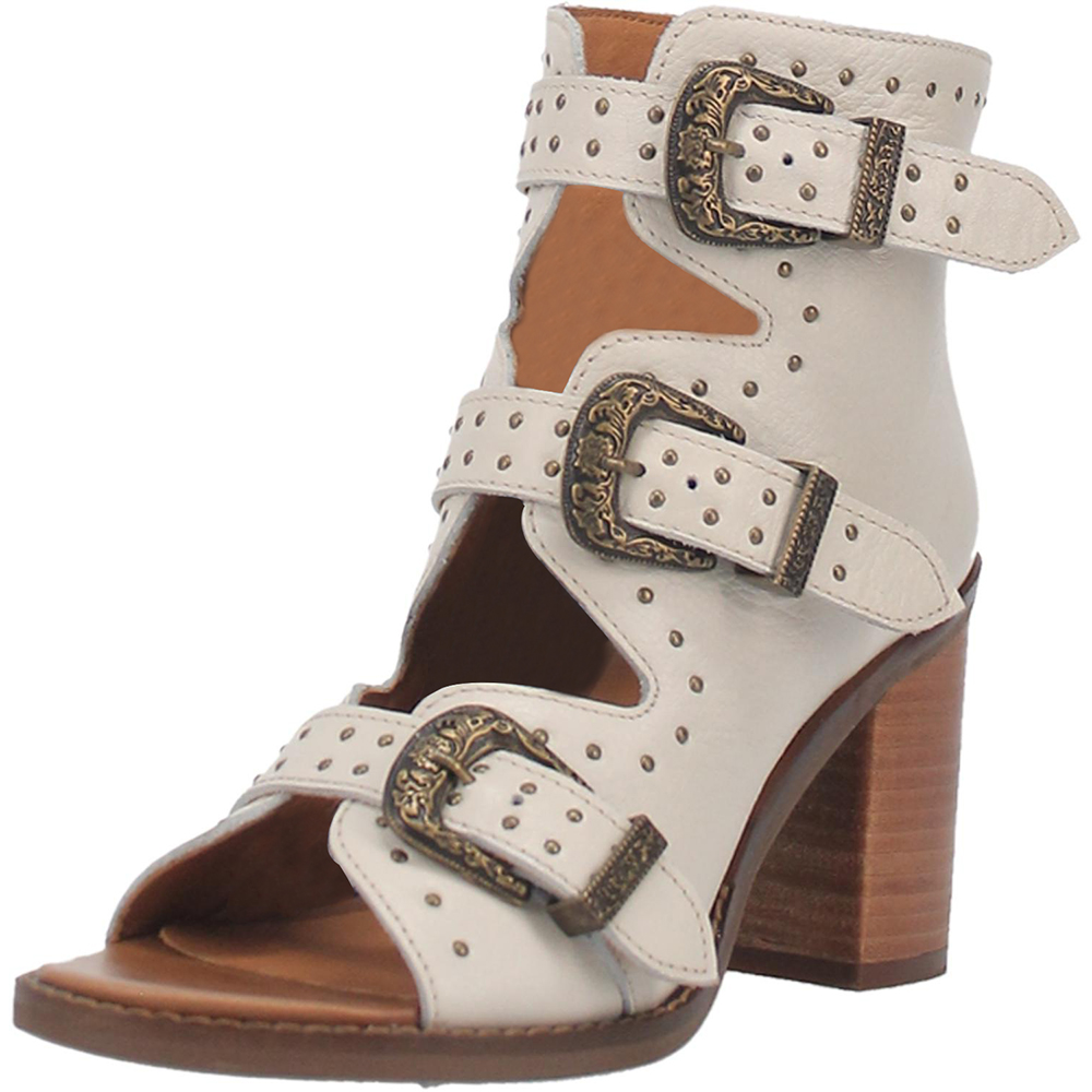 Ivory Studded Buckle Strappy Cut-Out Open Toe Zip Block Heel Sandals Nicepairs