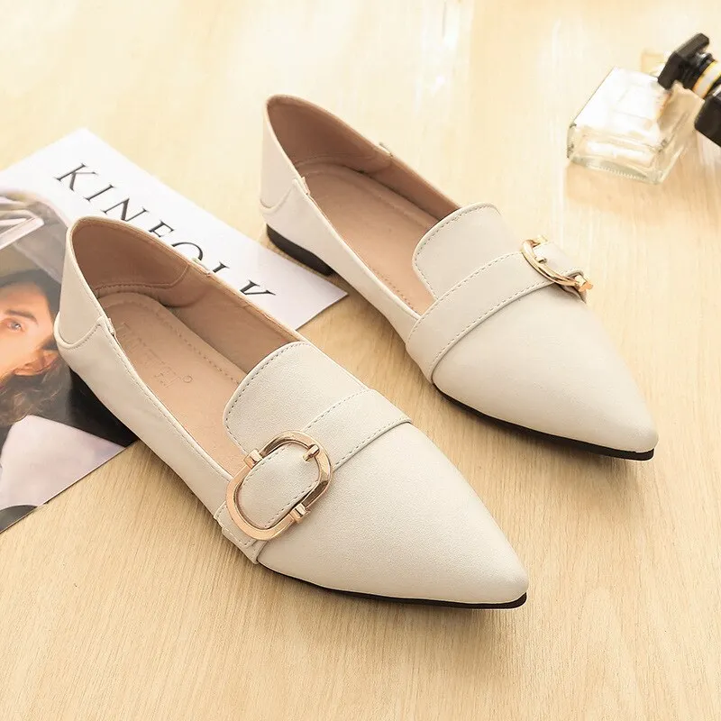 Pointed Toe Flats Womens Metal Buckle Single Shoes Cloth Belt Ballerina Loafers Slip On Lady Office Shoes Dress Leather Creepers