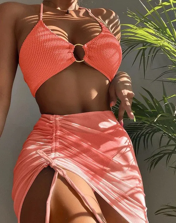 Brownm Bikini Split Swimsuit Women Solid Color Sexy Swimsuit Three-Piece Hanging Neck Three-Point Bikini