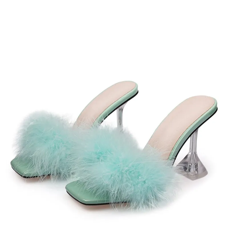 Summer Woman Pumps Transparent Perspex High Heels Fashion Color Feather Fur Peep Toe Mules Slippers Ladies Slides Shoes Sandals