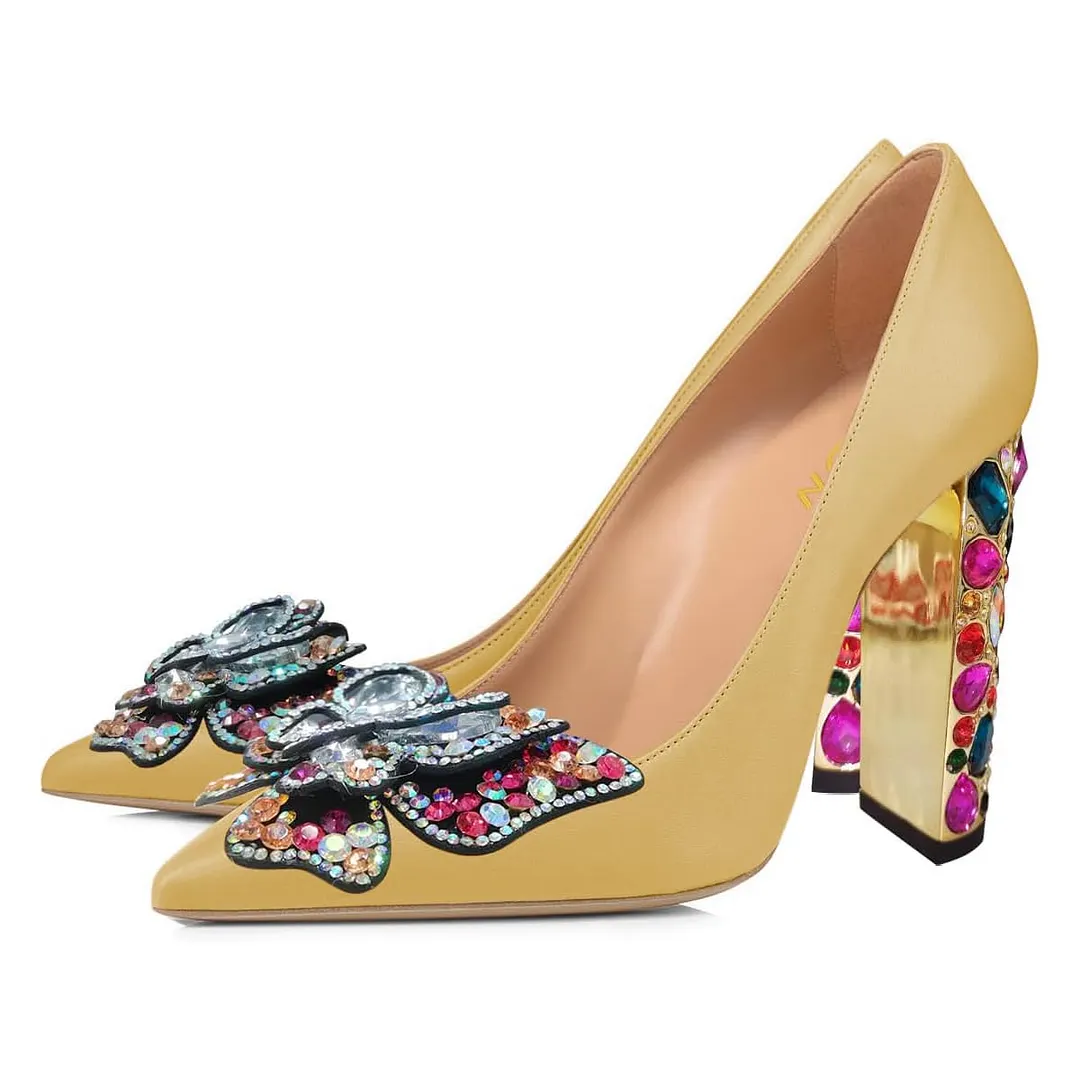 Pointed Toe Rhinestone Butterfly Slip-On Pumps Heels in Yellow