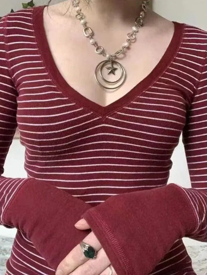 Brownm Striped V Neck Knit Long Sleeve Tee