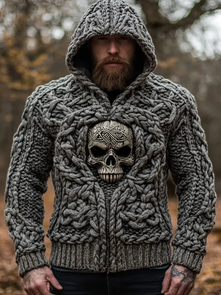 Men's Viking Skull Inspired Jacquard Cozy Hooded Sweater