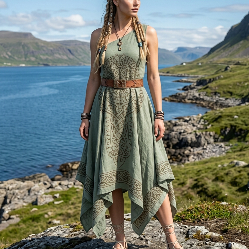 Cotton Linen Viking-Inspired Boho Maxi Dress with Nordic Symbols and Fringed Hem