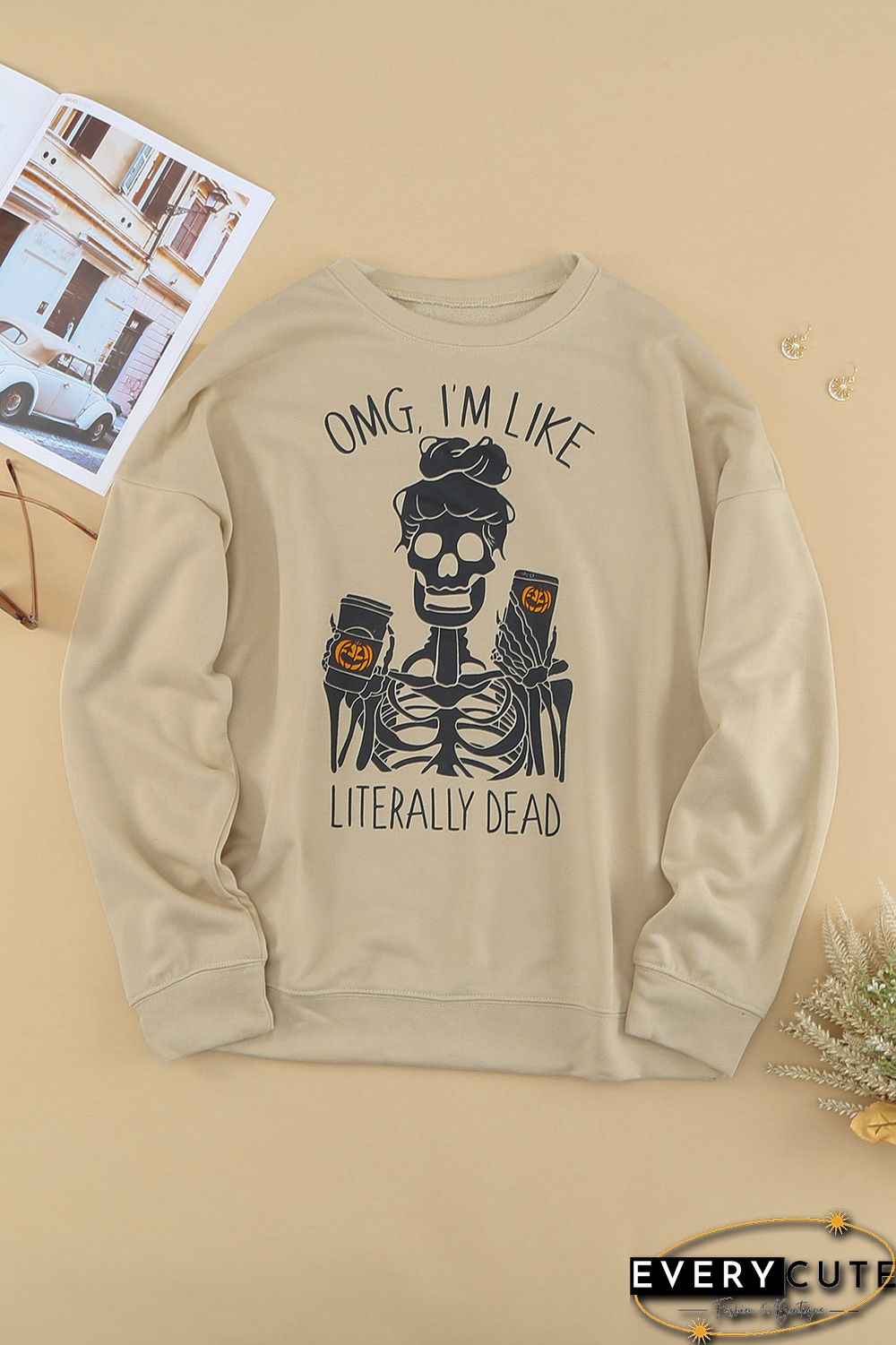 Halloween Skeleton Letter Print Crew Neck Pullover Sweatshirt