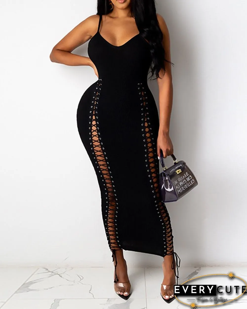 Solid Color Lace Up Side Ribbed Bodycon Cami Dress