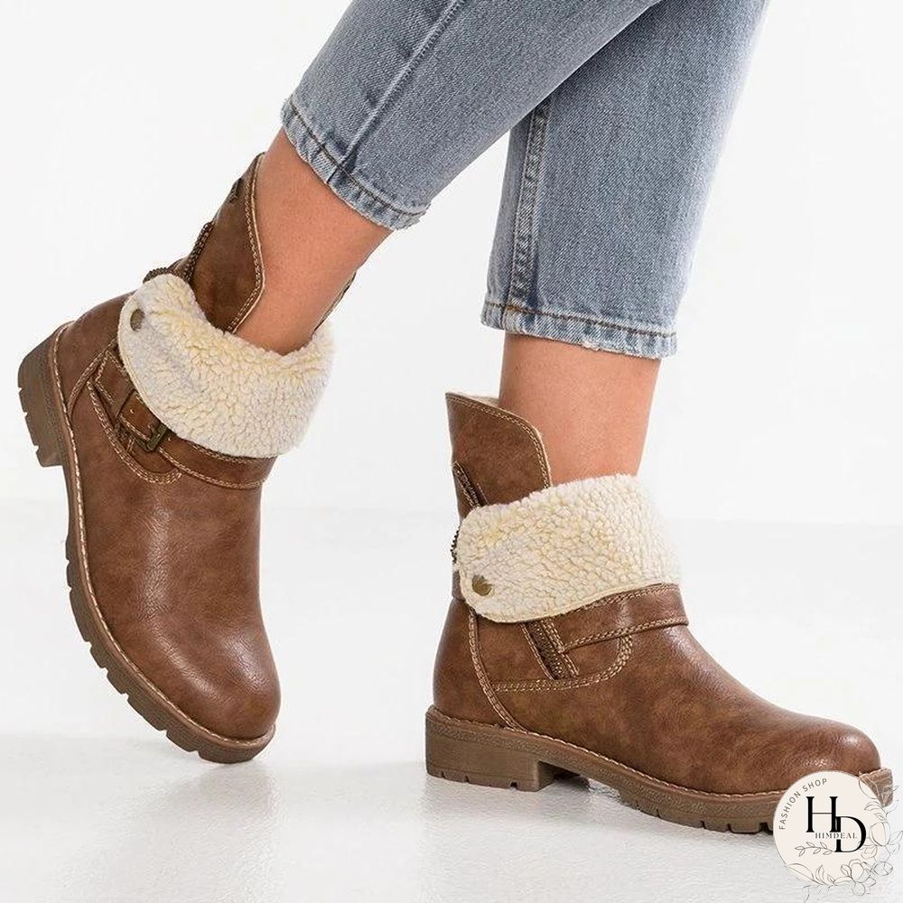WOMENS LOW HEEL ZIPPER ANKLE SNOW BOOTS