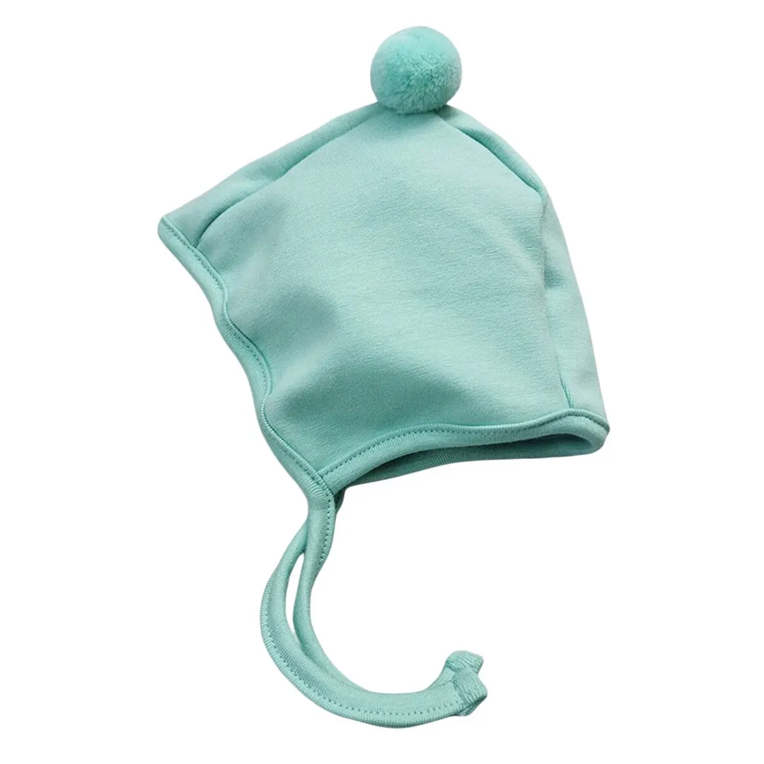 Winter Baby Boy Girl Warm Cap Hat No-Brim Plush Ball Hat Beanie Bear Ears Solid Strap Caps