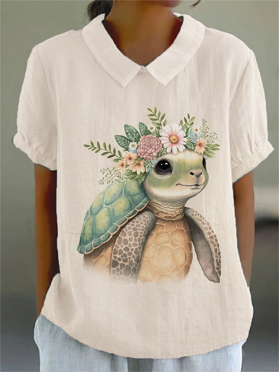 Women's Funny Turtle And Flower Print Casual Cotton And Linen Shirt