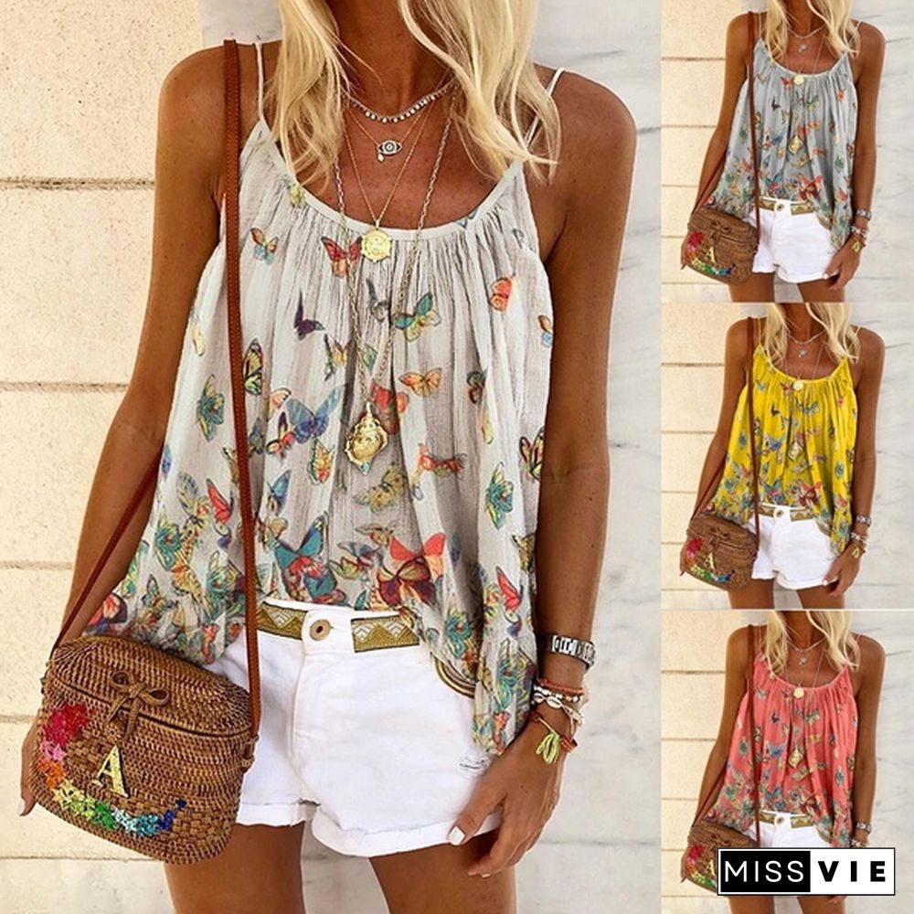 Women's Fashion Summer Casual Loose Butterfly Print Vest Plus Size