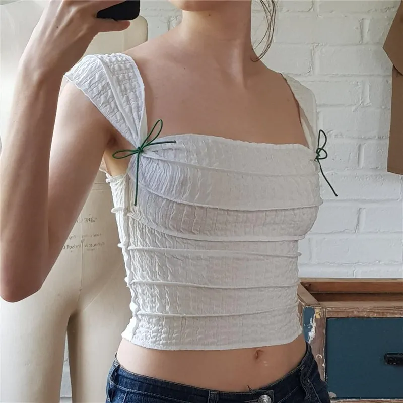 Uveng Uveng Summer Fashion Sexy Crop Square Collar Stripe Pleated Slim Short Sleeveless Vest