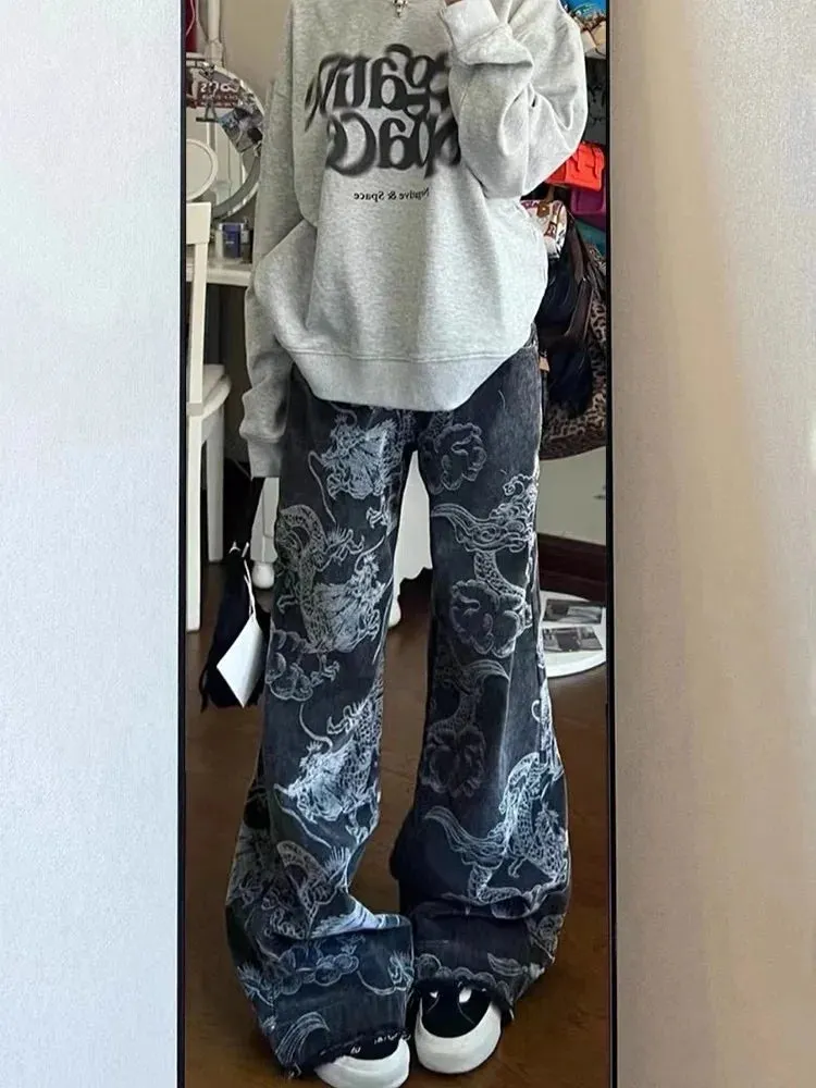Black Gothic Dragon Print Baggy Pant