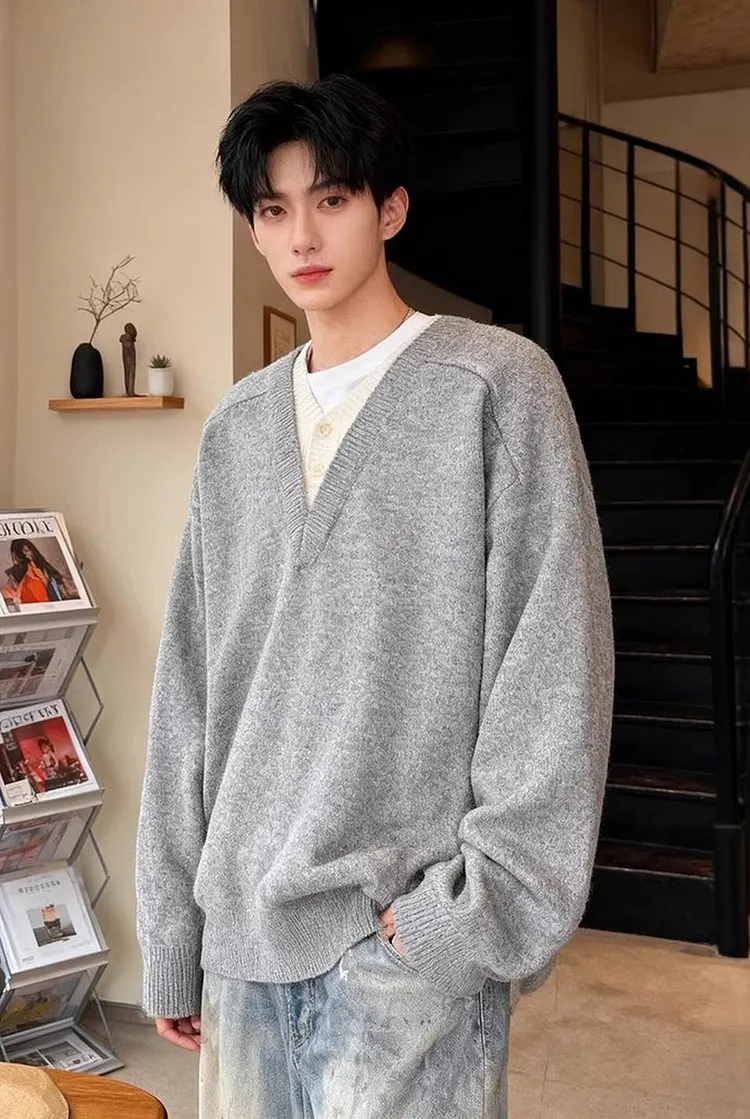 Men's V - Neck Layered Sweater with Relaxed Fit Design