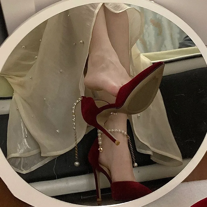 Churchf Churchf Pointed Suede Pearl Heels Women's Cubar Mitzvah Sandals Bride Xiu Wine Red Wedding Shoes