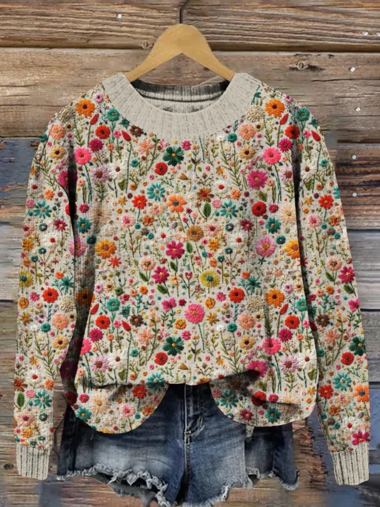 Field of Flowers Embroidery Art Cozy Knit Sweater