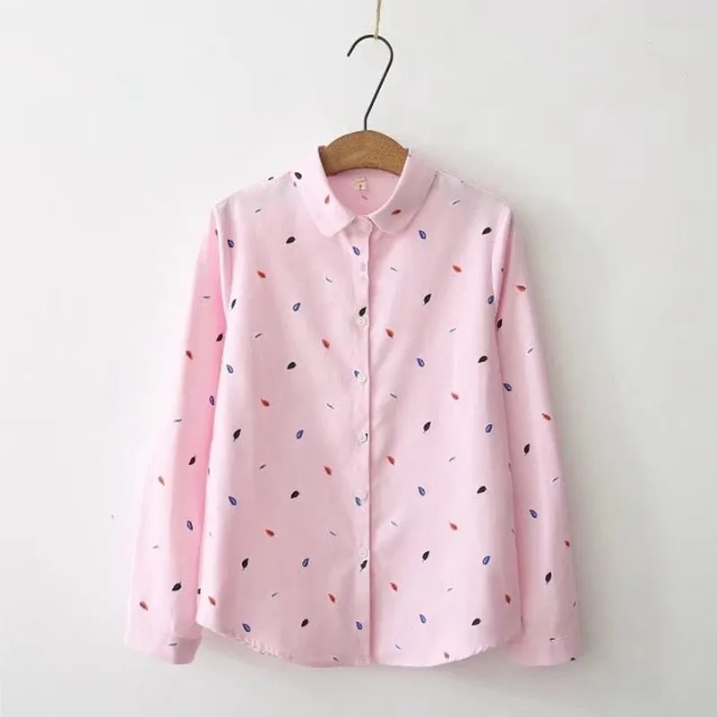 2019 New White Cotton Leaf Print Blouse Female Casual Long Sleeve Top Turn Down Collar Feminina Plus Size Blusas Girls Shirt F
