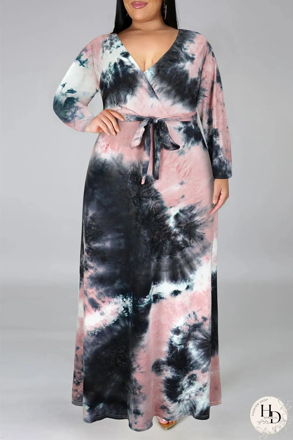 Colour Fashion Casual Print Tie-dye V Neck Long Sleeve Plus Size Dress