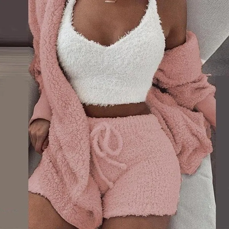3PCS/Sets Sexy Fluffy Suits Hooded Coral Velvet Plush Coat+Shorts+Crop Top Women Tracksuit Casual Sports Overalls Sweatshirts