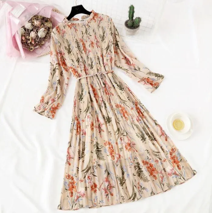Polka Dot Print Women Chiffon Pleated Dress Sweet Flare Sleeve Party Dresses Casual Loose Lady Office Midi Dress Vestidos Mujer