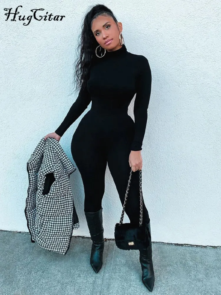 Hugcitar Long Sleeve Solid Turtleneck Skinny Bodycon Jumpsuit Autumn Winter Women Fashion Streetwear Casual Romper