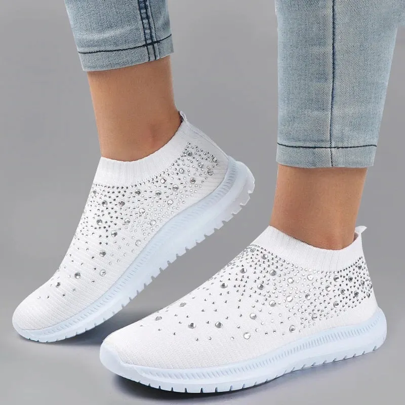 Shining Crystal Flats Shoes For Women Plus Size Breathable Mesh White Sneakers Woman 2022 Spring Summer Soft Sole Sports Shoes