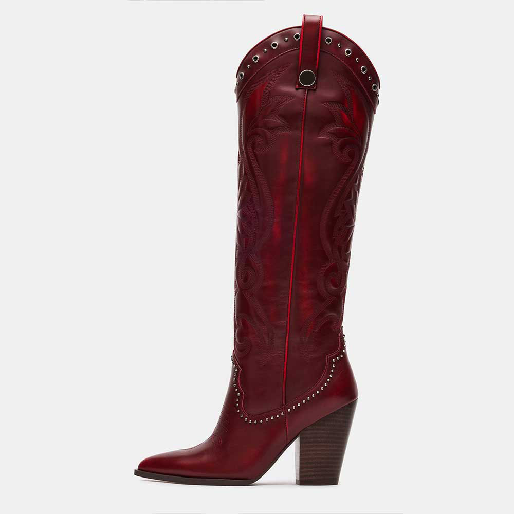 Vintage Red Chunky Heel Studded Stitching Knee Cowboy Boots for Women