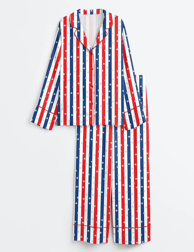 Women&rsquo;s America 4th Of July Red White And Blue Stripe Long Sleeve Satin Pajama Set