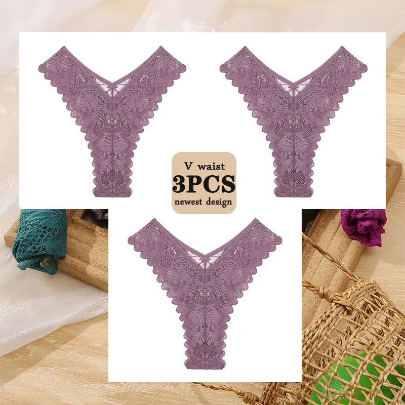 3PCS/Set Floral Lace Panties Perspective Sexy Underwear Women Panties Brazilian Briefs Lingerie V Waist Design Female Underpants
