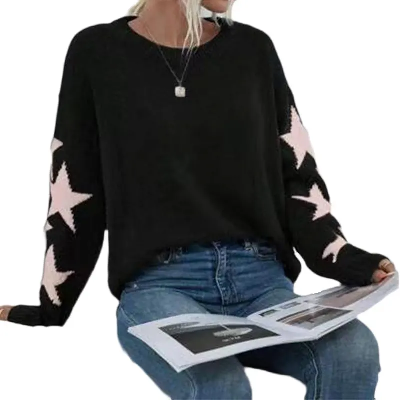 Nigikala Nigikala And Winter Women's Knitted Sweater Fashion Pure Color Five-Pointed Star-Colored Collar Collar Sweater