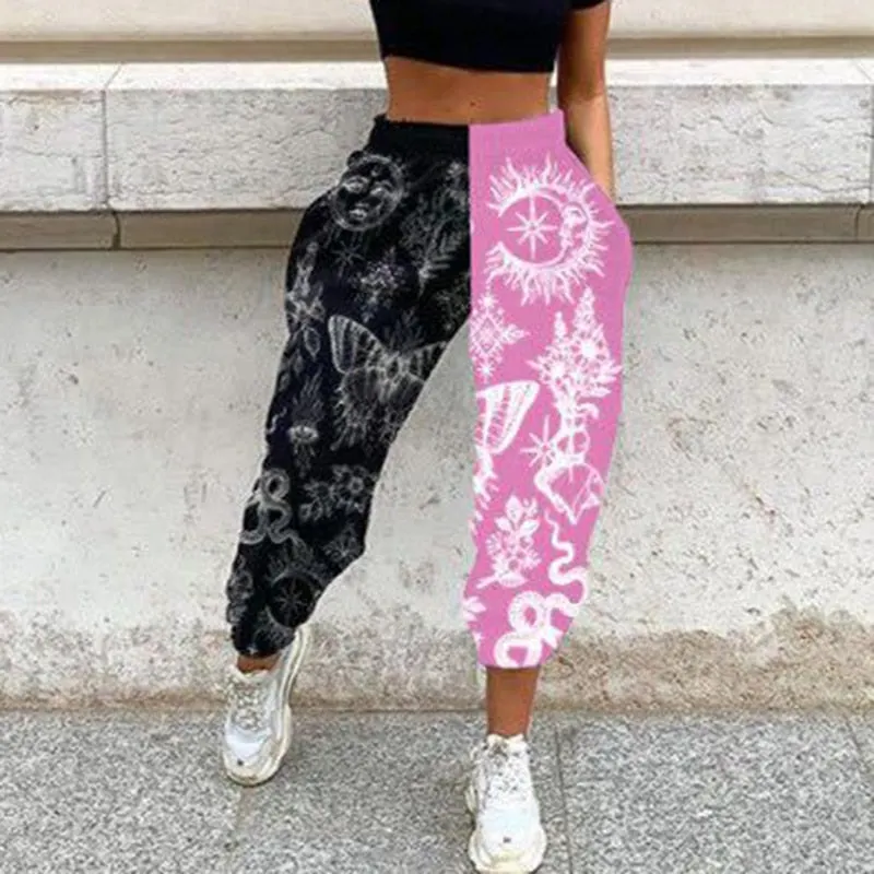 Women Casual Skull Print Patchwork Pants Spring Autumn Elastic Waist Pocket Loose Pencil Pants Female Streetwear Warm Sweatpants