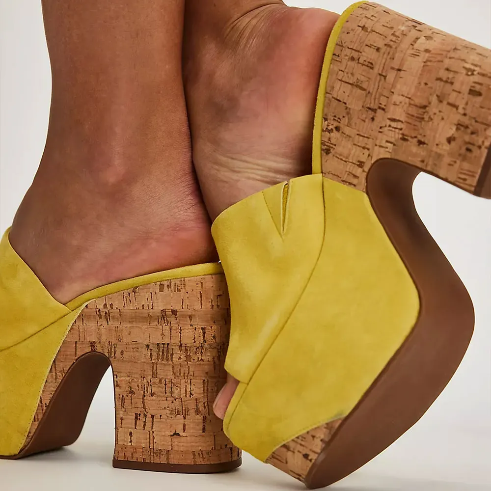 Yellow Open Toe Casual Platform Chunky High Heel Women's Mules Shoes